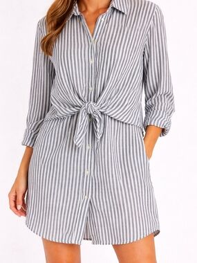 George Gray & White Striped Tie-Front Shirt Dress